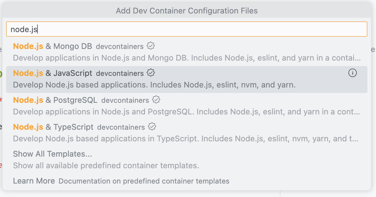 Sélectionner la configuration Node.js